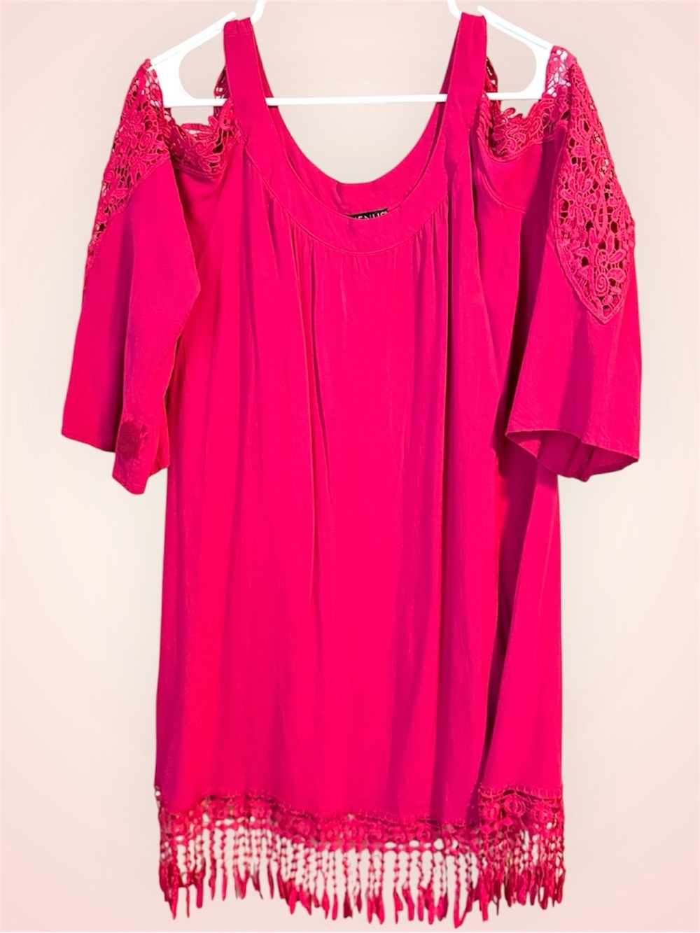 🌺VENUS Hot Pink Cold-Shoulder Crochet Midi Dress